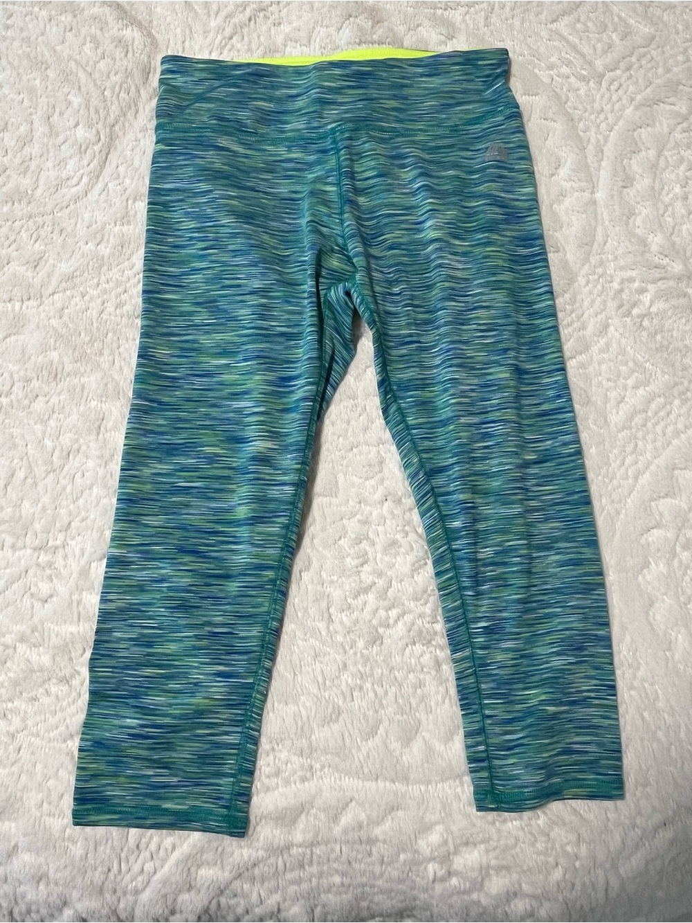 Reebok Blue-Teal Space-Dye Leggings with Neon Yellow Waistband Size Large